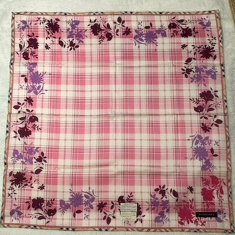 Vtg BURBERRY Scarf Handkerchief Plaid Floral Cotton Pink 19.5"